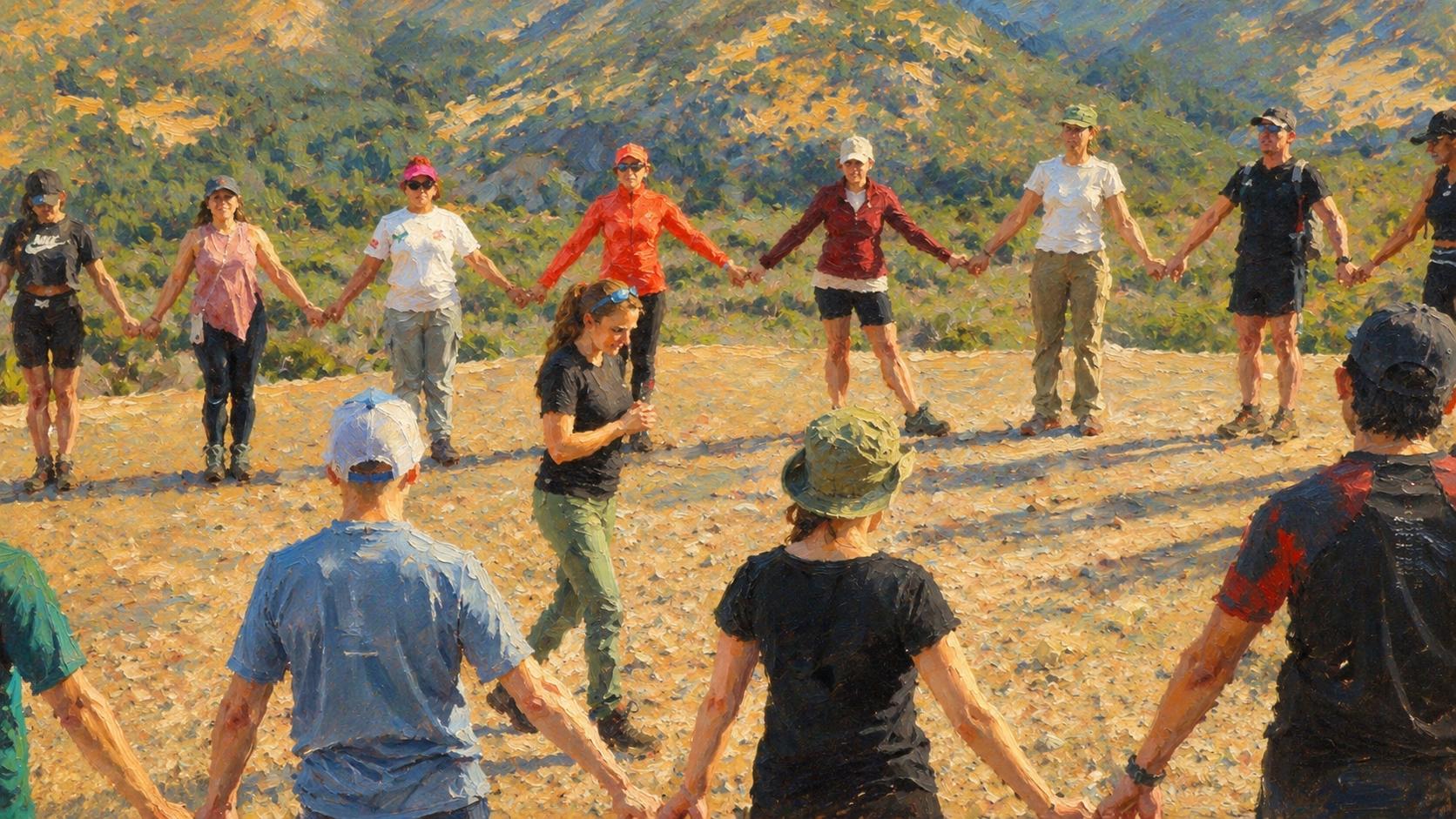 Ilustración pintada de un equipo en círculo tomado de las manos en la montaña